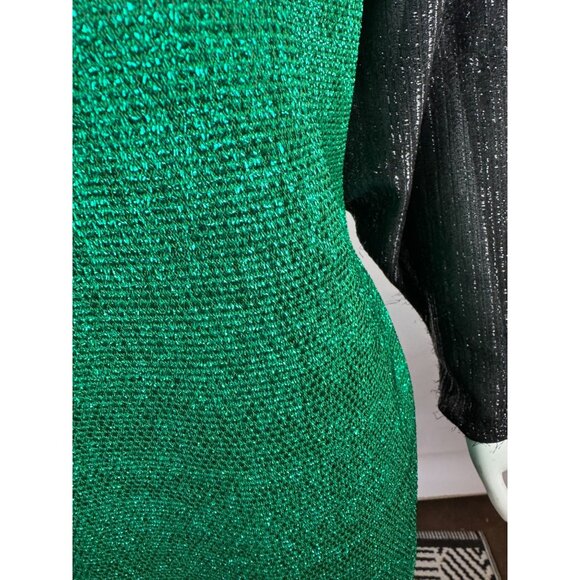 Vintage Green & Black Metallic Knit Long-Sleeve Top With Tie-Neck Detail - Picture 12 of 16